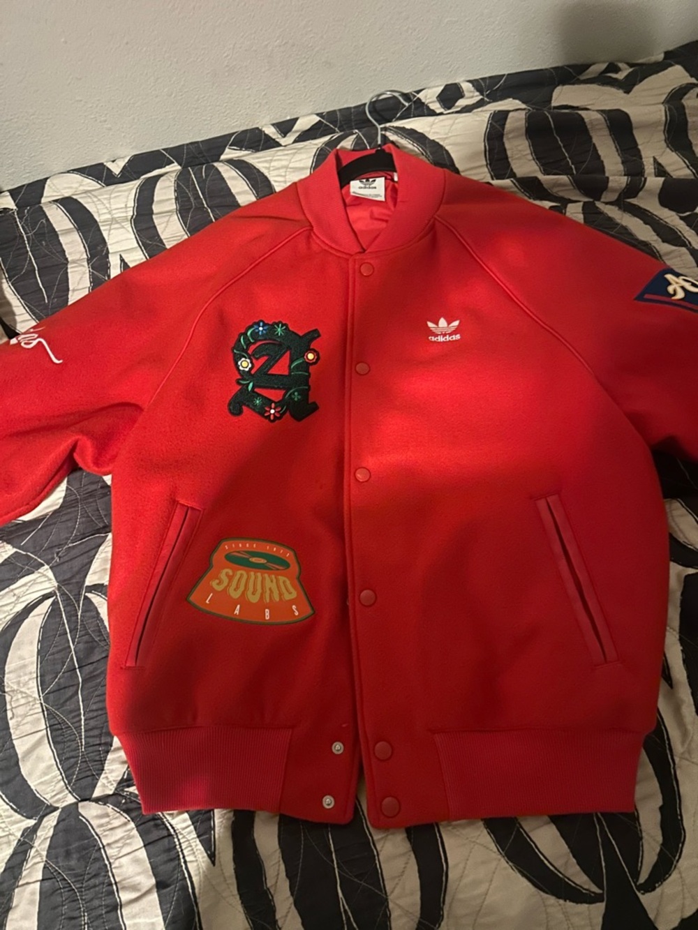 Adidas Red Bomber-Style Varsity Jacket with Embroidered Patches
